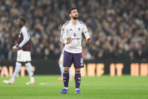 Birmingham, England, 21st December 2025. Bruno Fernandes of Manchester United, ManU reacts during the Aston Villa vs Manchester United Premier League match at Villa Park, Birmingham. Picture credit should read: James Baylis Sportimage EDITORIAL USE ONLY. No use with unauthorised audio, video, data, fixture lists, club league logos or live services. Online in-match use limited to 120 images, no video emulation. No use in betting, games or single club league player publications. SPI_016_JB_ASTON_VILLA_MANUTD SPI-4388-0016