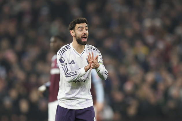 Birmingham, England, 21st December 2025. Bruno Fernandes of Manchester United, ManU reacts during the Aston Villa vs Manchester United Premier League match at Villa Park, Birmingham. Picture credit should read: James Baylis Sportimage EDITORIAL USE ONLY. No use with unauthorised audio, video, data, fixture lists, club league logos or live services. Online in-match use limited to 120 images, no video emulation. No use in betting, games or single club league player publications. SPI_018_JB_ASTON_VILLA_MANUTD SPI-4388-0018