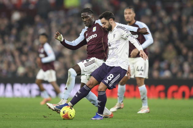 Birmingham, England, 21st December 2025. Bruno Fernandes of Manchester United, ManU and Amadou Onana of Aston Villa during the Aston Villa vs Manchester United Premier League match at Villa Park, Birmingham. Picture credit should read: James Baylis Sportimage EDITORIAL USE ONLY. No use with unauthorised audio, video, data, fixture lists, club league logos or live services. Online in-match use limited to 120 images, no video emulation. No use in betting, games or single club league player publications. SPI_077_JB_ASTON_VILLA_MANUTD SPI-4388-0077