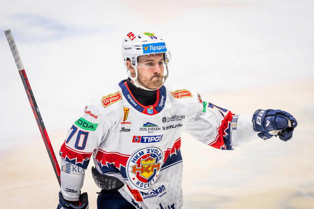 SLOVAN BRATISLAVA - HKM ZVOLEN Marek Hecl of Zvolen celebrates a goal during Slovak Ice hockey, Eishockey Eishockey Tipsport liga match between HC Slovan Bratislava and HKM Zvolen at Ondrej Nepela Arena in Bratislava. Bratislava, Slovakia, December 28, 2025. Photo by Branislav Racko. Copyright: xx 080A5444