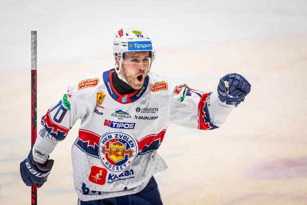 SLOVAN BRATISLAVA - HKM ZVOLEN Marek Hecl of Zvolen celebrates a goal during Slovak Ice hockey, Eishockey Eishockey Tipsport liga match between HC Slovan Bratislava and HKM Zvolen at Ondrej Nepela Arena in Bratislava. Bratislava, Slovakia, December 28, 2025. Photo by Branislav Racko. Copyright: xx 080A5604