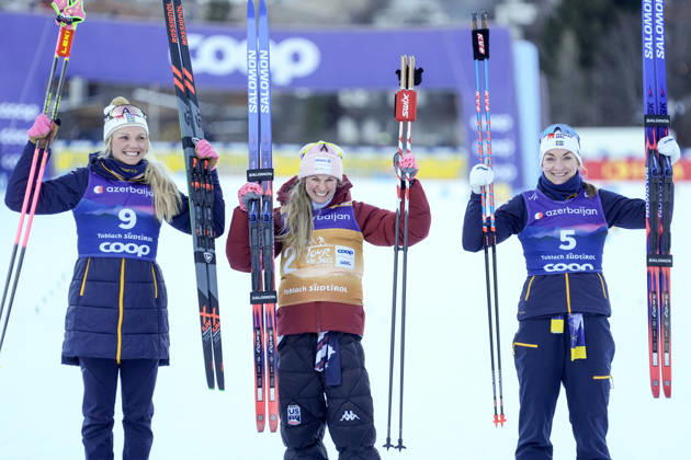 Ski Tour 2025 26 Stage 4 Toblach, Italy 20251231 USA s Jessie Diggins took first place, Sweden s Emma Ribom took second place and Sweden s Moa Ilar took third place in the 5 km heat free technique for women in Toblach Photo Terje Pedersen NTB Toblach Italy EDITORIAL USE ONLY RESTRICTED USE FOR BETTING COMPANIES Copyright: xTerjexPedersenx xNTBx