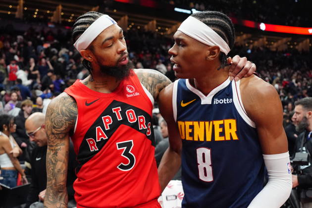 December 31, 2025, Toronto, On, CANADA: Toronto Raptors forward Brandon Ingram (3) speaks with Denver Nuggets guard Peyton Watson (8) after NBA, Basketball Herren, USA action in Toronto on Wednesday December 31, 2025. Canada News - December 31, 2025  - ZUMAc35_ 20251231_zaf_c35_072 Copyright: xFrankxGunnx