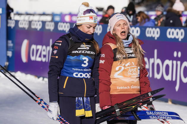 Ski Tour 2025 26 Stage 4 Toblach, Italy 20260101 USA s Jessie Diggins and Sweden s Moa Ilar finish after the 20 km pursuit start classic for women in the Tour de ski Photo Terje Pedersen NTB Toblach Italy EDITORIAL USE ONLY RESTRICTED USE FOR BETTING COMPANIES Copyright: xTerjexPedersenx xNTBx
