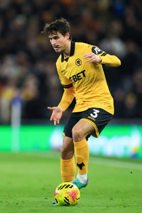 Liverpool, England, 7th January 2026. Hugo Bueno of Wolverhampton Wanderers runs with the ball during the Everton vs Wolverhampton Wanderers Premier League match at Hill Dickinson Stadium, Liverpool. Picture credit should read: Jessica Hornby Sportimage EDITORIAL USE ONLY. No use with unauthorised audio, video, data, fixture lists, club league logos or live services. Online in-match use limited to 120 images, no video emulation. No use in betting, games or single club league player publications. SPI_093_JH_EVERTON_WOLVES SPI-4436-0090