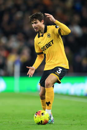 Liverpool, England, 7th January 2026. Hugo Bueno of Wolverhampton Wanderers runs with the ball during the Everton vs Wolverhampton Wanderers Premier League match at Hill Dickinson Stadium, Liverpool. Picture credit should read: Jessica Hornby Sportimage EDITORIAL USE ONLY. No use with unauthorised audio, video, data, fixture lists, club league logos or live services. Online in-match use limited to 120 images, no video emulation. No use in betting, games or single club league player publications. SPI_094_JH_EVERTON_WOLVES SPI-4436-0091