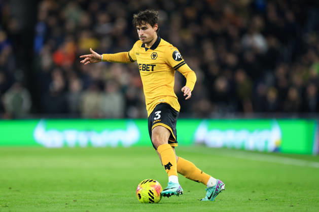 Liverpool, England, 7th January 2026. Hugo Bueno of Wolverhampton Wanderers runs with the ball during the Everton vs Wolverhampton Wanderers Premier League match at Hill Dickinson Stadium, Liverpool. Picture credit should read: Jessica Hornby Sportimage EDITORIAL USE ONLY. No use with unauthorised audio, video, data, fixture lists, club league logos or live services. Online in-match use limited to 120 images, no video emulation. No use in betting, games or single club league player publications. SPI_095_JH_EVERTON_WOLVES SPI-4436-0092