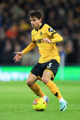 Liverpool, England, 7th January 2026. Hugo Bueno of Wolverhampton Wanderers runs with the ball during the Everton vs Wolverhampton Wanderers Premier League match at Hill Dickinson Stadium, Liverpool. Picture credit should read: Jessica Hornby Sportimage EDITORIAL USE ONLY. No use with unauthorised audio, video, data, fixture lists, club league logos or live services. Online in-match use limited to 120 images, no video emulation. No use in betting, games or single club league player publications. SPI_096_JH_EVERTON_WOLVES SPI-4436-0093