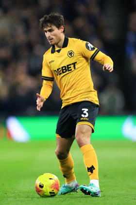 Liverpool, England, 7th January 2026. Hugo Bueno of Wolverhampton Wanderers runs with the ball during the Everton vs Wolverhampton Wanderers Premier League match at Hill Dickinson Stadium, Liverpool. Picture credit should read: Jessica Hornby Sportimage EDITORIAL USE ONLY. No use with unauthorised audio, video, data, fixture lists, club league logos or live services. Online in-match use limited to 120 images, no video emulation. No use in betting, games or single club league player publications. SPI_097_JH_EVERTON_WOLVES SPI-4436-0094