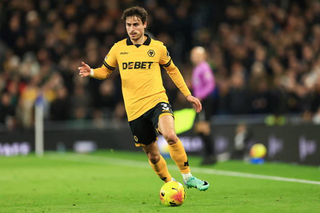 Liverpool, England, 7th January 2026. Hugo Bueno of Wolverhampton Wanderers runs with the ball during the Everton vs Wolverhampton Wanderers Premier League match at Hill Dickinson Stadium, Liverpool. Picture credit should read: Jessica Hornby Sportimage EDITORIAL USE ONLY. No use with unauthorised audio, video, data, fixture lists, club league logos or live services. Online in-match use limited to 120 images, no video emulation. No use in betting, games or single club league player publications. SPI_099_JH_EVERTON_WOLVES SPI-4436-0096