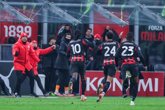 AC Milan vs Genoa CFC Serie A 2025 26 08 01 2026 Rafael Leao of AC Milan celebrates with his teammates after scoring a goal during Serie A 2025 26 football match between AC Milan and Genoa CFC at San Siro Stadium in Milan Copyright: xBEAUTIFULxSPORTS Carabellix