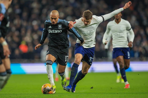 Tottenham Hotspur v Aston Villa, FA Cup, 3rd Round Aston Villa Midfielder Donyell Malen 17 under Pressure from Tottenham Hotspur Defender Micky van de Ven (37) during the FA Cup match between Tottenham Hotspur and Aston Villa at Tottenham Hotspur Stadium, London, UK on 10 January 2026. Editorial use only DataCo restrictions apply See www.football-dataco.com , Copyright: xChrisxFoxwellx PSI-23550-0103