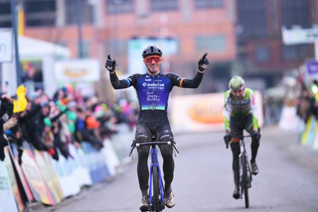Belgian Thibau Nys celebrates after winning the Elite men race at the Belgian Cyclocross Championships in Beringen on Sunday 11 January 2026. DAVIDxPINTENS  x155160988x