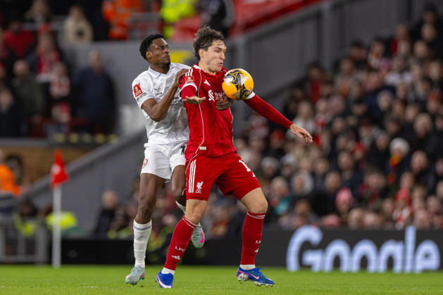 Football - FA Cup - 3rd Round - Liverpool FC v Barnsley FC LIVERPOOL, ENGLAND - Monday, January 12, 2026: Liverpool s Federico Chiesa (R) is challenged by Barnsley s Nathanael Ogbeta during the FA Cup 3rd Round match between Liverpool FC and Barnsley FC at Anfield. (Photo by David Rawcliffe Propaganda) LIVERPOOL Anfield MERSEYSIDE ENGLAND  Copyright: xPropagandaxPhotoxAgencyx P2026-01-12-Liverpool_Barnsley-59