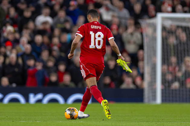 Football - FA Cup - 3rd Round - Liverpool FC v Barnsley FC LIVERPOOL, ENGLAND - Monday, January 12, 2026: Liverpool s Cody Gakpo playing with one boot on during the FA Cup 3rd Round match between Liverpool FC and Barnsley FC at Anfield. (Photo by David Rawcliffe Propaganda) LIVERPOOL Anfield MERSEYSIDE ENGLAND  Copyright: xPropagandaxPhotoxAgencyx P2026-01-12-Liverpool_Barnsley-60