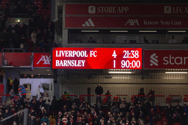 Football - FA Cup - 3rd Round - Liverpool FC v Barnsley FC LIVERPOOL, ENGLAND - Monday, January 12, 2026: Scoreboard showing Liverpool 4-1 Barnsley during the FA Cup 3rd Round match between Liverpool FC and Barnsley FC at Anfield. (Photo by David Rawcliffe Propaganda) LIVERPOOL Anfield MERSEYSIDE ENGLAND  Copyright: xPropagandaxPhotoxAgencyx P2026-01-12-Liverpool_Barnsley-116
