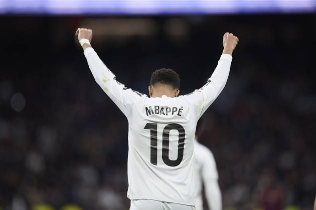 Kylian Mbappe Real Madrid CF celebrates after scoring his team˜s first goal during the LaLiga EA Sports match between Real Madrid v Levante UD at Santiago Bernabà u on January 17, 2026 in Madrid, Spain Photo by Manu Reino DeFodi Images