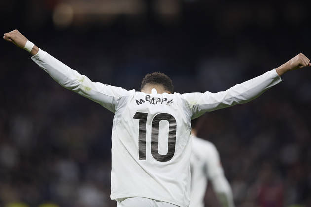 Kylian Mbappe Real Madrid CF celebrates after scoring his team˜s first goal during the LaLiga EA Sports match between Real Madrid v Levante UD at Santiago Bernabà u on January 17, 2026 in Madrid, Spain Photo by Manu Reino DeFodi Images