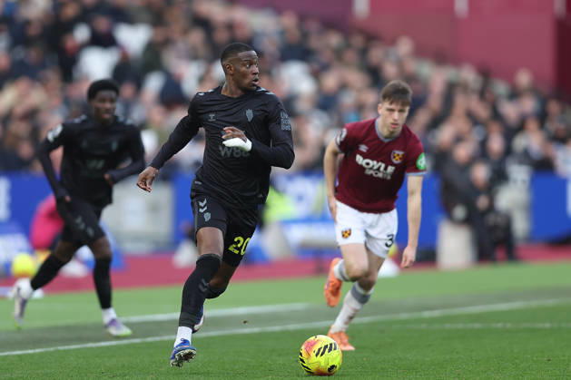 24th January 2026; London Stadium, London, England; Premier League Football, West Ham United versus Sunderland; Nordi Mukiele of Sunderland on the ball  KatiexChan Content restricted for UK based newspaper