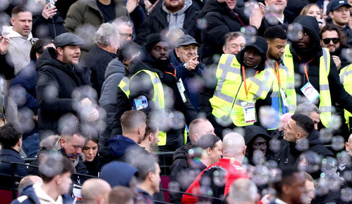 Granit Xhaka (S) (bottom right) has an exchange of views with a West Ham fan (top left) at the West Ham United v Sunderland EPL match, at the London Stadium, London, UK on 24th January, 2026. 