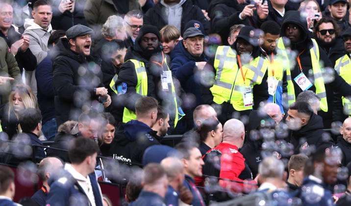 Granit Xhaka (S) (bottom right) has an exchange of views with a West Ham fan (top left) at the West Ham United v Sunderland EPL match, at the London Stadium, London, UK on 24th January, 2026. 