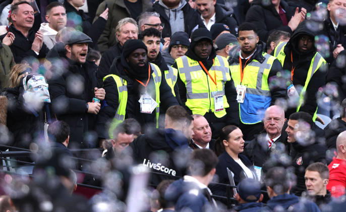 Granit Xhaka (S) (bottom right) has an exchange of views with a West Ham fan (top left) at the West Ham United v Sunderland EPL match, at the London Stadium, London, UK on 24th January, 2026. 