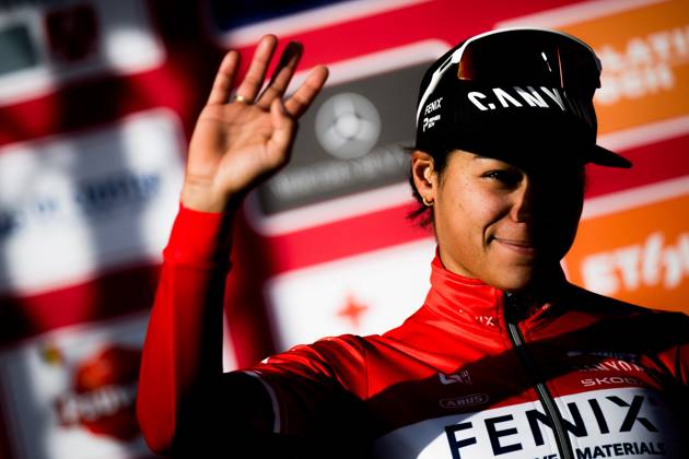 Dutch Ceylin Del Carmen Alvarado pictured on the podium after the women s elite race at the World Cup cyclocross cycling event in Maasmechelen, Belgium, stage 11 (out of 12) of the UCI World Cup cyclocross competition, Saturday 24 January 2026. JASPERxJACOBS x158331698x