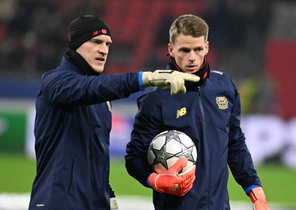 28 01 2025, xophax, Football , UEFA Champions League , 2025 2026 , Bayer Leverkusen vs FC Villarreal Jonas Omlin Bayer 04 Leverkusen , right and Niklas Lomb , left Bayer 04 Leverkusen