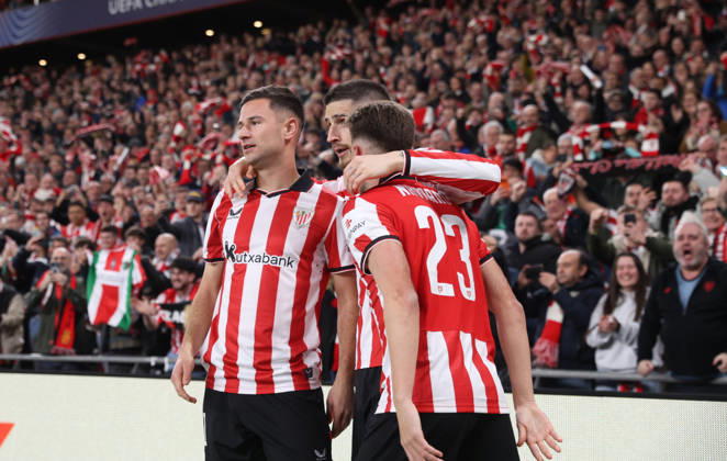 Athletic Club Bilbao vs Sporting CP 2025-26 UEFA Champions League, Bilbao, Spain, 28 January 2026. Gorka Guruzeta (Athletic Club), Oihan Sancet (Athletic Club) and Robert Navarro (Athletic Club) celebrate after scoring his team s first goal, Credit:Juan Lazkano Photobilbao Avalon Bilbao, Basque Country, Spain Copyright: xJuanxLazkanoxPhotobilbaox xAvalonx 1070081145