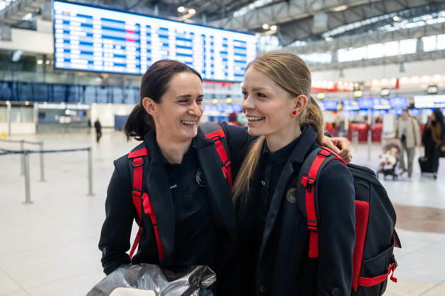 Czech speed skaters Martina Sablikova, left, and Nikola Zdrahalova before their departure to Italy for the Winter Olympics on 30 January 2026, Prague, Czech Republic. (CTKxPhoto OndrejxDeml) CTKPhotoP2026013007339  CTKPhotoP2026013007339