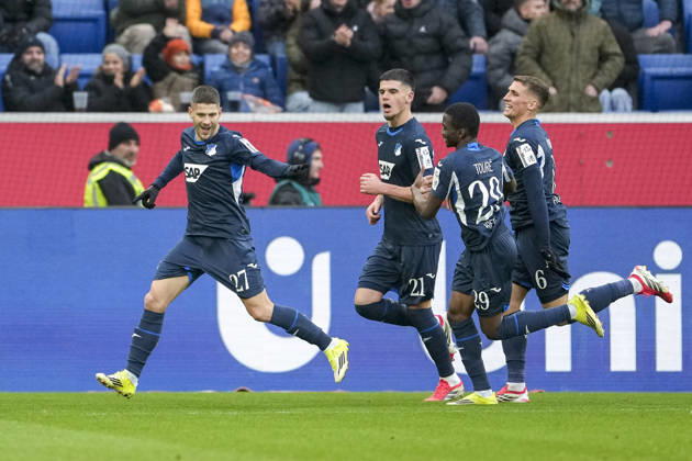 from left scorer Andrej Kramaric Hoffenheim, 27 , Albian Hajdari Hoffenheim, 21 , Bazoumana Toure Hoffenheim, 29 , Grischa Prömel Hoffenheim, 6 , players of TSG 1899 Hoffenheim, cheer about the goal to 2 0, jubilation, goal celebration, celebrate the goal, goal, celebration, celebrates the goal, joy, rejoices, optimistic, positive, game scene, highlight, action, 31 01 2026, Sinsheim Germany , Football, Bundesliga, TSG 1899 Hoffenheim 1 FC Union Berlin, DFB DFL REGULATIONS PROHIBIT ANY USE OF PHOTOGRAPHS AS IMAGE SEQUENCES AND OR QUASI VIDEO xozx