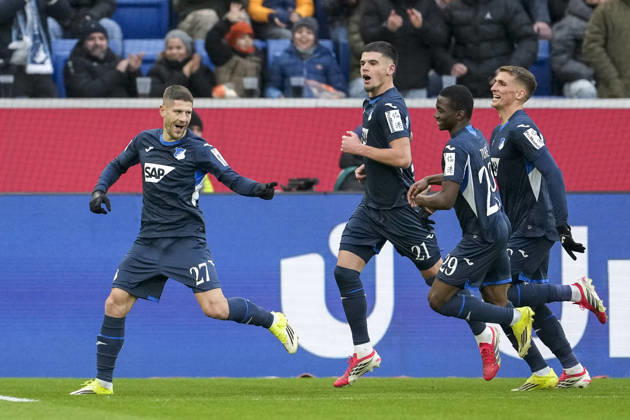 from left scorer Andrej Kramaric Hoffenheim, 27 , Albian Hajdari Hoffenheim, 21 , Bazoumana Toure Hoffenheim, 29 , Grischa Prömel Hoffenheim, 6 , players of TSG 1899 Hoffenheim, cheer about the goal to 2 0, jubilation, goal celebration, celebrate the goal, goal, celebration, celebrates the goal, joy, rejoices, optimistic, positive, game scene, highlight, action, 31 01 2026, Sinsheim Germany , Football, Bundesliga, TSG 1899 Hoffenheim 1 FC Union Berlin, DFB DFL REGULATIONS PROHIBIT ANY USE OF PHOTOGRAPHS AS IMAGE SEQUENCES AND OR QUASI VIDEO xozx