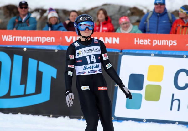 FIS NORDIC COMBINED WORLD CUP, Nordic Combined World Cup, Nordic Triple, Seefeld, Ski Jumping, Ski Jumping, Women BROCARD Lena FRA standing in the outrun after the jump