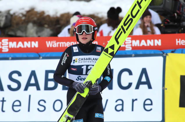FIS NORDIC COMBINED WORLD CUP, Nordic Combined World Cup, Nordic Triple, Seefeld, ski jumping, ski jumping, women NOWAK Jenny GER standing in the outrun after the jump with skis in hand
