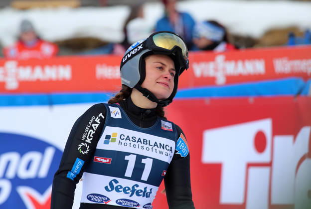 FIS NORDIC COMBINED WORLD CUP, Nordic Combined World Cup, Nordic Triple, Seefeld, Ski Jumping, Ski Jumping, Women MIDTSUNDSTAD Hanna NOR without goggles standing in the outrun after the jump