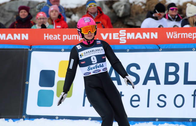 FIS NORDIC COMBINED WORLD CUP, Nordic Combined World Cup, Nordic Triple, Seefeld, ski jumping, ski jumping, women MALACINSKI Annika USA standing in the outrun after the jump