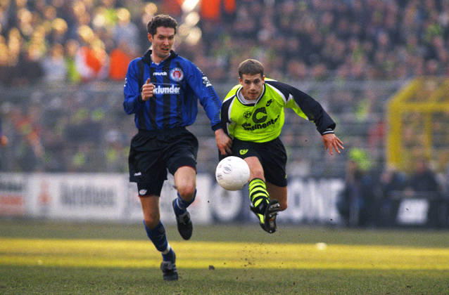 Soccer, Bundesliga, Germany, Men, Season 1995 1996, Westfalenstadion Dortmund, Bor Dortmund FC St Pauli 1 0 Lars Ricken BVB , Dirk Dammann STP Action