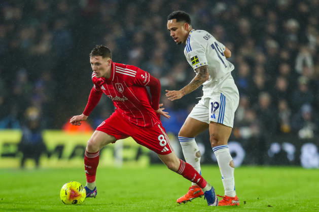 Leeds United v Nottingham Forest, Premier League Elliot Anderson Of Nottingham Forest battles with Noah Okafor Of Leeds United during the Leeds United v Nottingham Forest Premier League match at Elland Road, Leeds, England on 6 February 2026 Credit: Lee Keuneke Every Second Media Editorial use only. All images are copyright Every Second Media Limited. No images may be reproduced without prior permission. All rights reserved. Premier League and Football League images are subject to licensing agreements with Football DataCo Limited. see https: www.football-dataco.com Copyright: xIMAGO EveryxSecondxMediax ESM-1788-0049 LeexKeunekex xEveryxSecondxMediax