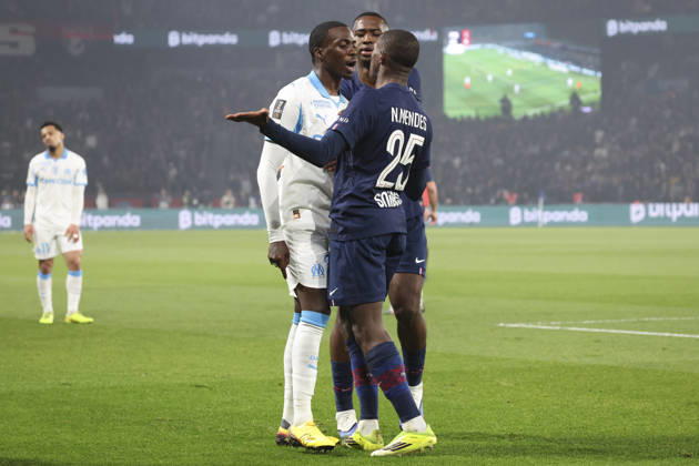 FOOTBALL : Paris Saint Germain Vs Olympique de Marseille - Ligue 1 - 08 02 2026 Timothy Weah (Olympique de Marseille) Vs Nuno Mendes (PSG) - Willian Pacho (PSG) ParisFrance  Copyright: xMichaelxBaucherx
