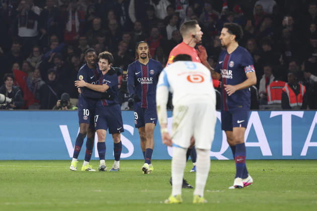 FOOTBALL : Paris Saint Germain Vs Olympique de Marseille - Ligue 1 - 08 02 2026 Joie sur le 2eme but de Ousmane Dembele (PSG) - Joao Neves (PSG) - Bradley Barcola (PSG) ParisFrance  Copyright: xMichaelxBaucherx