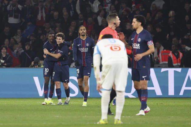 FOOTBALL : Paris Saint Germain Vs Olympique de Marseille - Ligue 1 - 08 02 2026 Joie sur le 2eme but de Ousmane Dembele (PSG) - Joao Neves (PSG) - Bradley Barcola (PSG) ParisFrance  Copyright: xMichaelxBaucherx