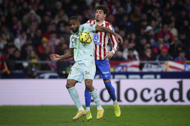 ATLETICO DE MADRID v REAL BETIS BALOMPIE. LA LIGA 2025 2026. ROUND 23. Atletico de Madrid s Jose Maria Gimenez (R) and Real Betis Balompie s Cedric Bakambu during La Liga match. February 08 ,2026. (ALTERPHOTOS Ropero) MadridSpain Copyright: xRoperox