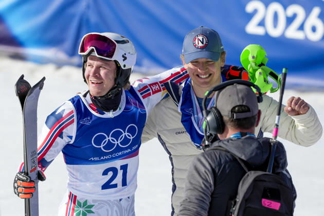 Winter Olympics in Milan Cortina 2026 Bormio, Italy 20260209 Timon Haugan and Simen Sellaeg from Norway compete in the men s alpine downhill slalom team competition during the Milan Cortina 2026 Winter Olympics Photo Cornelius Poppe NTB Bormio Italy EDITORIAL USE ONLY RESTRICTED USE FOR BETTING COMPANIES Copyright: xCorneliusxPoppex xNTBx