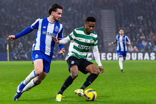 FC Porto Vs Sporting for the Portuguese First League in Porto - 09 Feb 2026 Sporting CP s player, Geny Catamo (L) and FC Porto player Martin Fernandes (R), in action during the classic match for the Portuguese First League between FC Porto and Sporting CP at Dragon Stadium. Final score; FC Porto 1:1 Sporting CP Porto Portugal Copyright: xDiogoxBaptistax xSOPAxImagesx DB_FCPvsSCP_0016