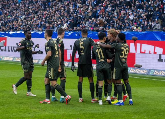 Soccer, Men, Season 2025 2026, 1 Bundesliga 22 Matchday , Hamburger SV 1 FC Union Berlin, Union celebrating after goal to 0 1 by Leopold Querfeld 2 v r , 1 FC Union Berlin , 14 02 2026, Copyright: xMatthiasxKochx