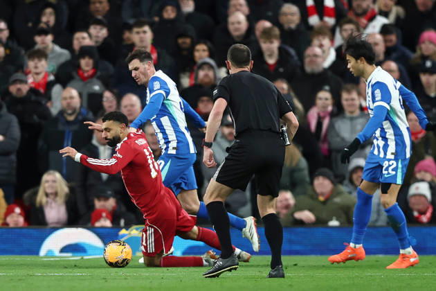 Liverpool v Brighton & Hove Albion, Emirates FA Cup Pascal Gross of Brighton And Hove Albion fouls Mohamed Salah of Liverpool, PENALTY, during the Liverpool v Brighton & Hove Albion Emirates FA Cup 4th Round match at Anfield, Liverpool, England on 14 February 2026 Credit: Ian Stephen Every Second Media Editorial use only. All images are copyright Every Second Media Limited. No images may be reproduced without prior permission. All rights reserved. Premier League and Football League images are subject to licensing agreements with Football DataCo Limited. see https: www.football-dataco.com Copyright: xIMAGO EveryxSecondxMediax ESM-1800-0061 IanxStephenx xEveryxSecondxMediax