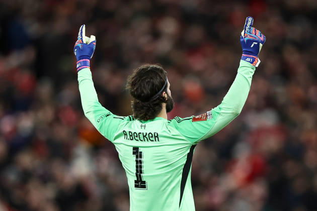 Liverpool v Brighton & Hove Albion, Emirates FA Cup Mohamed Salah of Liverpool scores a penalty (not in picture) 3-0 and Alisson Becker of Liverpool celebrates during the Liverpool v Brighton & Hove Albion Emirates FA Cup 4th Round match at Anfield, Liverpool, England on 14 February 2026 Credit: Ian Stephen Every Second Media Editorial use only. All images are copyright Every Second Media Limited. No images may be reproduced without prior permission. All rights reserved. Premier League and Football League images are subject to licensing agreements with Football DataCo Limited. see https: www.football-dataco.com Copyright: xIMAGO EveryxSecondxMediax ESM-1800-0064 IanxStephenx xEveryxSecondxMediax