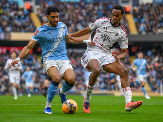Manchester City v Salford City Emirates FA Cup Omar Marmoush of Manchester City and Zach Awe of Salford City during the Emirates FA Cup Fourth Round match at the Etihad Stadium, Manchester 14 02 2026 UK Newspapers OUT Copyright: xKarlxVallantinex FIL-22981-0098