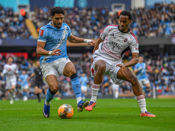 Manchester City v Salford City Emirates FA Cup Omar Marmoush of Manchester City and Zach Awe of Salford City during the Emirates FA Cup Fourth Round match at the Etihad Stadium, Manchester 14 02 2026 UK Newspapers OUT Copyright: xKarlxVallantinex FIL-22981-0099