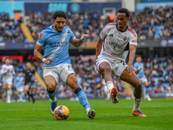Manchester City v Salford City Emirates FA Cup Omar Marmoush of Manchester City and Zach Awe of Salford City during the Emirates FA Cup Fourth Round match at the Etihad Stadium, Manchester 14 02 2026 UK Newspapers OUT Copyright: xKarlxVallantinex FIL-22981-0100